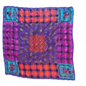 Purple and red patchwork silk scarf with floral and paisley patterns